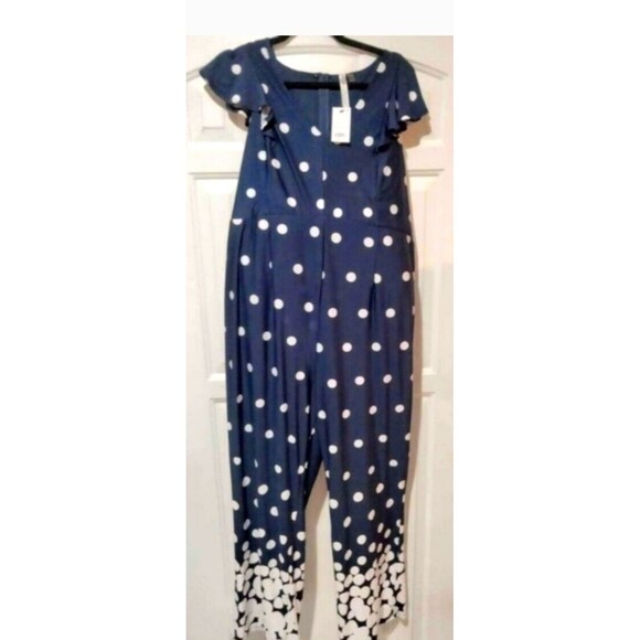 New York Collection Size 1X 14/16 Petite Polkadot Jumpsuit Navy/White Plus - Picture 1 of 1